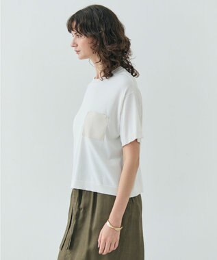 BEIGE， 【洗える】NADIA / レザーポケット付き半袖ニットTシャツ Ecru