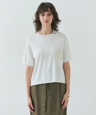 BEIGE， 【洗える】NADIA / レザーポケット付き半袖ニットTシャツ Ecru