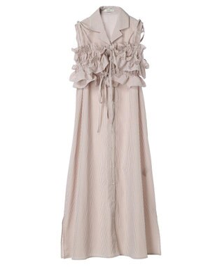 earth music&ecology ＳＥＴ２点シャーリングビスチェ×シャツワンピース Stripe Beige