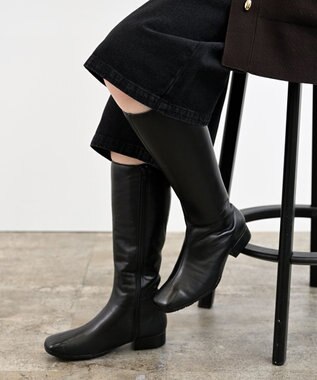 Pointer 本革ローヒール スクエアトゥロングブーツ ブラック
