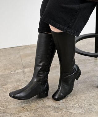 Pointer 本革ローヒール スクエアトゥロングブーツ ブラック