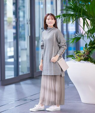 Tiaclasse L 【洗える】袖ボタンメランジニットチュニック ミント