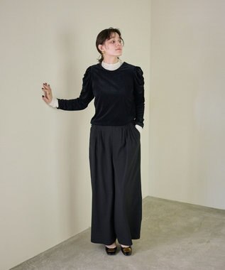 #Newans 【洗濯機可／ 前後着用可】 ギャザースリーブシアーベロアカーディガン ブラック