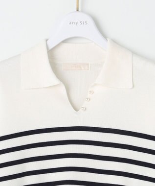 ANY SIS 【洗える】スキッパーポロ襟プルオーバー ニット オフ×ネイビー