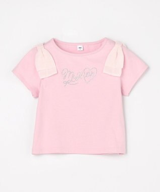 ANY KIDS 【綿100%】肩リボン×ラインストーンロゴ 半袖Tシャツ ピンク