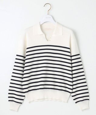 ANY SIS 【洗える】スキッパーポロ襟プルオーバー ニット オフ×ネイビー