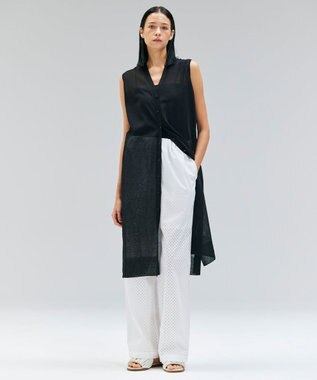 BEIGE， 【洗える】MILANO / リネン混シアーロングジレカーディガン Black