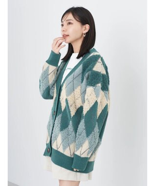 earth music&ecology ループ編みアーガイルカーディガン Green