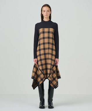 GRACE CONTINENTAL チェックイレヘムニットワンピース キャメル