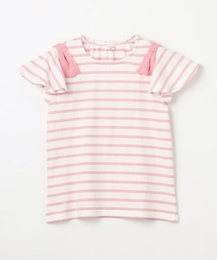ANY KIDS ひんやりクール 肩リボンTシャツ ピンク×ボーダー