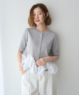 YECCA VECCA パール釦ラッフル5分袖カーディガン Gray mixture