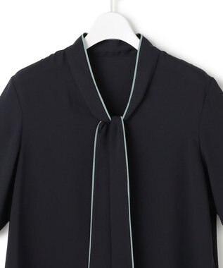 ICB L 【新色追加】BackSatinAmunzen 5分袖配色ボウタイブラウス ネイビー×ダークセージ
