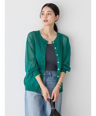 AMERICAN HOLIC バイカラーシアーニットカーディガン Green