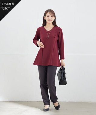 Tiaclasse L 【洗える】美ラインタックボタンカットソートップス ボルドー