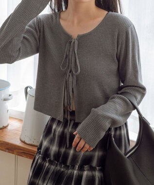 WEGO リボンリブカーディガン グレー