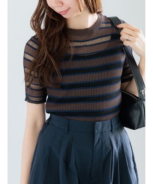Te chichi シアーマルチボーダーハーフスリーブニット ブラウン
