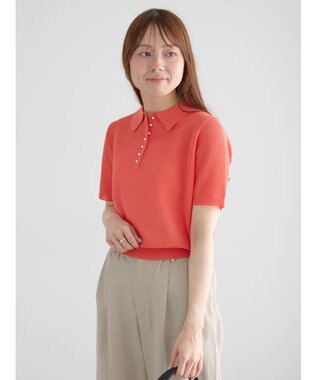 Te chichi 【マシンウォッシャブル】パール釦メッシュニットポロ オレンジ
