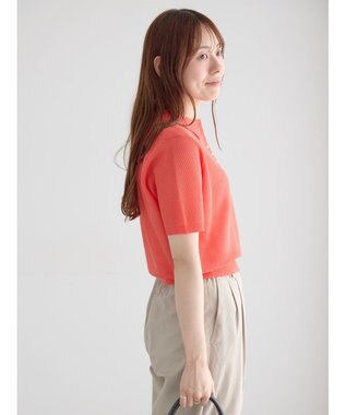 Te chichi 【マシンウォッシャブル】パール釦メッシュニットポロ オレンジ