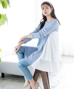  【洗える】ツイード2段フレアチュニックブラウス