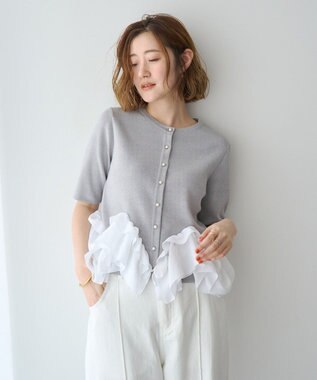 YECCA VECCA パール釦ラッフル5分袖カーディガン Gray mixture