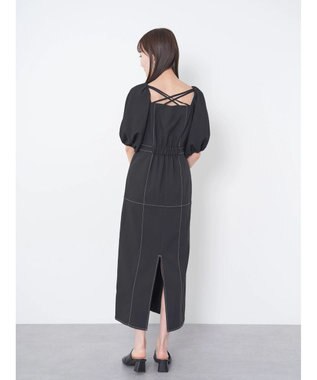 earth music&ecology 配色ステッチパフスリーブワンピース Black