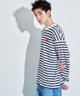 WEGO 【MLサイズ展開】ボーダーワンポイントT（LS） ホワイトボーダー