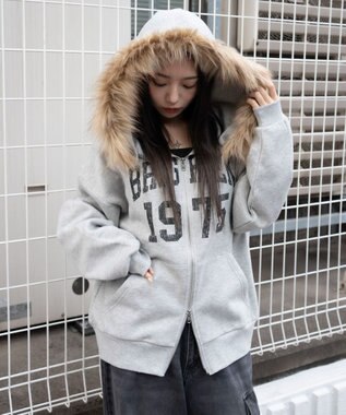 WEGO 裏起毛ファーフードBIGZIPパーカー 杢グレー