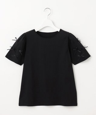 Feroux 【UVケア】ランダムリボンスリーブ Tシャツ ブラック系