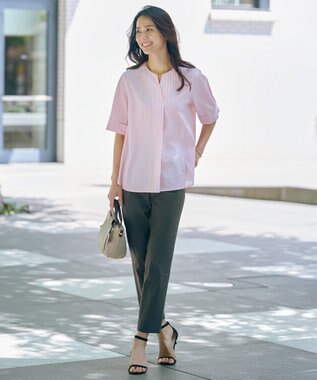 J.PRESS LADIES 【洗える】BEZ 空羽ストライプ クルーネック ブラウス ピンク系