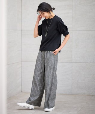 ANY 【ウエストゴム】リネンレーヨンワイドパンツ グレーストライプ