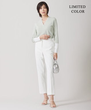 ICB 【WEB限定カラーあり・洗える】 シンセティックフルニードル Vネックプルオーバー ピスタチオ×オフホワイト系［WEB限定］