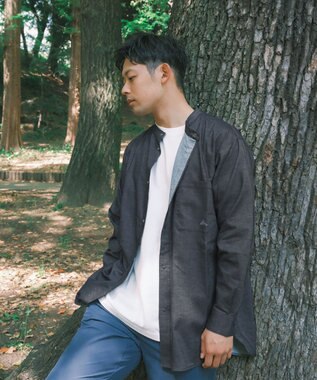 SHARE PARK MENS 【UVカット・撥水・ストレッチ】イージーデニムノーカラーシャツ ネイビー系