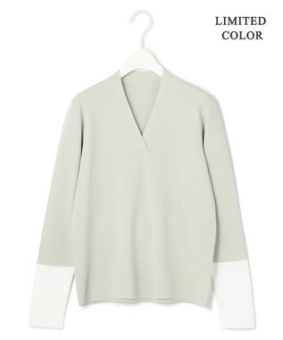ICB 【WEB限定カラーあり・洗える】 シンセティックフルニードル Vネックプルオーバー ピスタチオ×オフホワイト系［WEB限定］