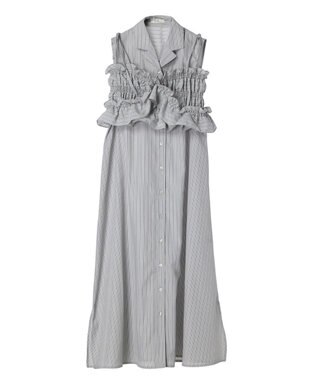 earth music&ecology ＳＥＴ２点シャーリングビスチェ×シャツワンピース Stripe Light Gray