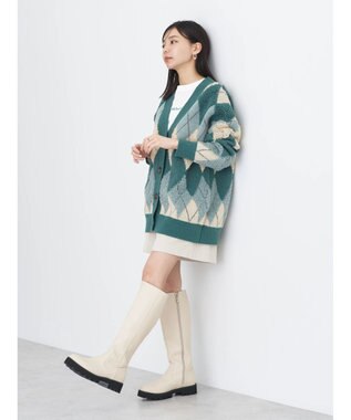 earth music&ecology ループ編みアーガイルカーディガン Green
