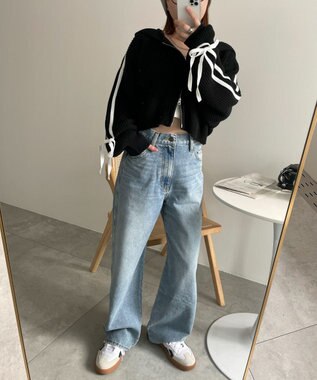 WEGO ラインリボンダブルジップニットパーカー ブラック