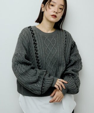 Green Parks ・ＥＬＥＮＣＡＲＥ　ＤＵＥ　ハンドステッチケーブルニッ Charcoal Gray