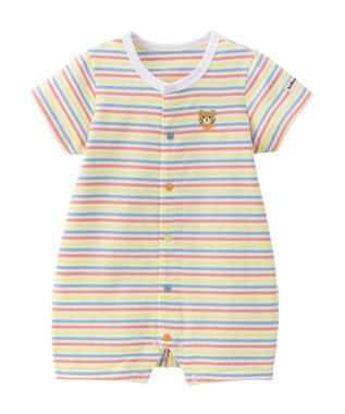 MIKI HOUSE HOT BISCUITS 【70-80cm】 みじんボーダー ワンポイント刺繍 ショートオール マルチカラー