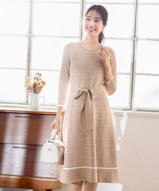 Tiaclasse 【洗える】リップル編みニットワンピース ベージュ×オフ