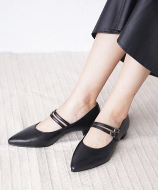 Pointer 日本製 本革ストラップ付きローヒールパンプス ブラック