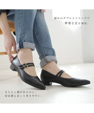 Pointer 日本製 本革ストラップ付きローヒールパンプス ブラック