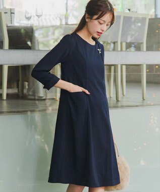 Tiaclasse 【洗える】チェックコンビエンパイアワンピース ネイビー