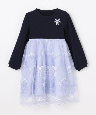 ANY KIDS バレエ刺繍チュールワンピース ネイビー×サックスブルー