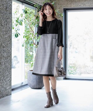 Tiaclasse 【洗える】チェックコンビエンパイアワンピース グレーチェック