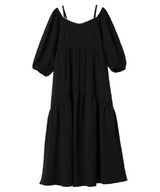 earth music&ecology ２ｗａｙパフスリーブ表面感ワンピース Black