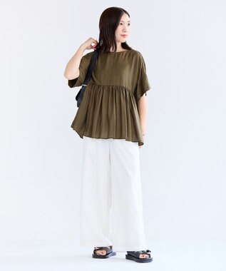 UNFILO ヴィンテージシアー ギャザーペプラムブラウス カーキ