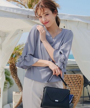 Tiaclasse 【洗える】リボンフレアスリーブブラウス ブルー