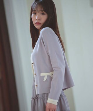 Feroux バイカラーリボンニット カーディガン スカイブルー系