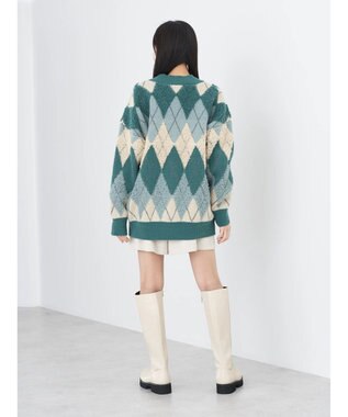earth music&ecology ループ編みアーガイルカーディガン Green