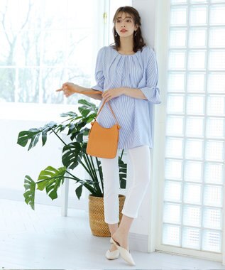 Tiaclasse L 【洗える】リボン付きタックスリーブチュニックブラウス サックスストライプ